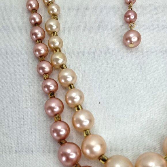 VINTAGE ~ PINK BLUSH PEARL ~ 2 STRAND FASHION NECKLACE - JAPAN 1930-40s - Picture 4 of 6